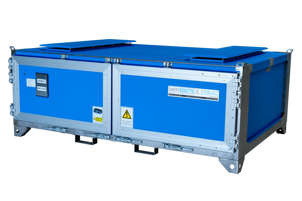 Blauer XL Aufbewahrungsbehälter aus Metall mit Warnschild und silbernem Rahmen